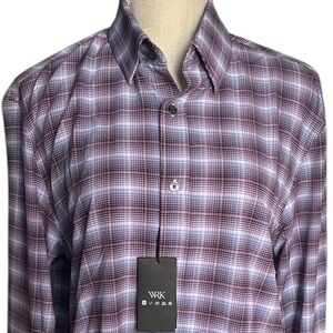 WRK Men's 4 Way Regular Fit Dress Shirt in Burgandy/Grey Plaid Size 15.5 NWT